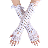 Daiiibabyyy Women Sexy Floral Lace Elbow Length Half-Finger Gloves Black String Ribbon Ties Up Dance Party Fingerless Fishnet Mesh Mittens