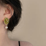 Daiiibabyyy New French Vintage Fashion Baroque Green Rose Pearl Drop Earrings for Women Aesthetic Jewelry Wholesale Accessories