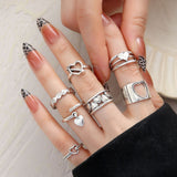 Daiiibabyyy 7pcs Vintage Hollow Love Heart Rings Set for Men Women Fashion Retro Open Adjustable Ring Party Jewelry Wedding Couple Gifts
