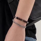 Daiiibabyyy Men's Titanium Tiger's Eye Double Layer Bracelet for Man Simple Stainless Steel Cuban Chain Bracelet Homme Jewelry