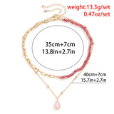 Daiiibabyyy IngeSight.Z 2Pcs/Set Red Color Seed Beaded Chain Choker Necklaces for Women Bohemia Pink Water Drop Stone Pendant Necklaces