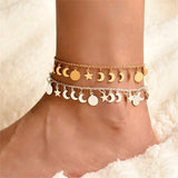 Daiiibabyyy Boho New Fashion Gold Colors Silver Color Star Moon Sun Sequin Pendant Chain Anklet Bracelet For Women Vintage Geometry Jewelry