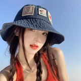 Daiiibabyyy Cowboy Denim Cotton Fisherman Hat Women Spring Summer Japanese Retro Sunscreen Basin Hat Plain Bucket Hat Tide