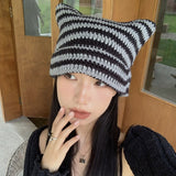 Daiiibabyyy 2023 Striped Beanie with Cat Ear Women Contrast Cute Devil Horns Hat Girls Handmade Crochet Winter Warm Ski Cap Halloween Gift