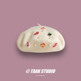 Daiiibabyyy Women Christmas New Year Gift Snowman Pearl Wool Beret Winter Red Soft Wool Painter Hat Students Lovely Wool Bud Hat