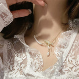 MENGJIQIAO 2022 Korean Fashion Bowknot Rhonestone Double Layer Necklaces For Women Elegant Pearl Pendant Choker Party Jewelry daiiibabyyy