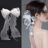 Elegant Pearls Tassel Hairpin White Crepe Ribbon Bow Spring Wedding Bridal Hair Accessories Handmade Pearl BowKnot Headdress daiiibabyyy
