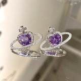 Korean Fashion Purple Heart Crystal Stud Necklace For Women Elegant Planet Rhinestone Pendant Jewelry Gifts daiiibabyyy