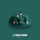 Daiiibabyyy Women Christmas New Year Gift Snowman Pearl Wool Beret Winter Red Soft Wool Painter Hat Students Lovely Wool Bud Hat