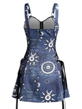 Celestial Sun Moon Print Lace Up Mini Dress Summer Gothic Women Square Neck Witchcore Vestidos