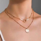 Daiiibabyyy Fashion Boho Multilevel Gold Plated Chain Faux Pearl Round Sequin Pendant Necklace For Women Female Vintage Bead Choker Jewelry