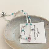 Daiiibabyyy Korean Trendy Pink Crystal Heart Pendant Necklace For Women Girls Elegant Pearl Beads Choker Trending Products Aesthetic Jewelry