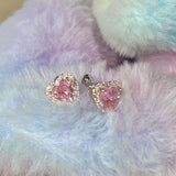 Daiiibabyyy Trend Silver Color Copper Pink Zircon Heart Stud Earrings For Women Temperament Simple Gentle Accessories Gift Aesthetic Jewelry