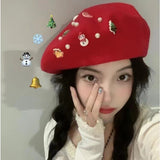 Daiiibabyyy Women Christmas New Year Gift Snowman Pearl Wool Beret Winter Red Soft Wool Painter Hat Students Lovely Wool Bud Hat