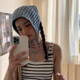 Daiiibabyyy Ins Women Triangle Bandanas Turban Crochet Hair Scarf Hairband Knitted Hair Kerchief Tie Back Boho Head Wrap for Women