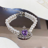Korean Fashion Purple Heart Crystal Stud Necklace For Women Elegant Planet Rhinestone Pendant Jewelry Gifts daiiibabyyy