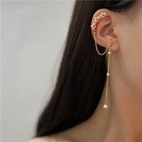 2022 New Fashion Imitation Pearl Chain Ear Cuff Cartilage Earrings For Women Elegant Flower Long Tassel Ear Clip Female Jewelry