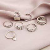Daiiibabyyy 7pcs Vintage Hollow Love Heart Rings Set for Men Women Fashion Retro Open Adjustable Ring Party Jewelry Wedding Couple Gifts