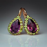Daiiibabyyy  Luxury Water Droplets Zircon Amethyst Hook Earrings Fashion Gold Color Inlaid Round Green Stone Drop Dangle Earrings for Women daiiibabyyy