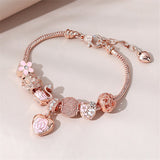 Crystal Heart & Rose Bracelet W/Snake Chain CZ Stones, Flower Heart Center 7 Total Charms Pandora Beaded Bracelet Mother's gift