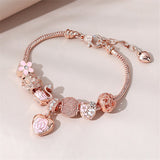 Crystal Heart & Rose Bracelet W/Snake Chain CZ Stones, Flower Heart Center 7 Total Charms Pandora Beaded Bracelet Mother's gift daiiibabyyy