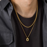 Daiiibabyyy Stylish Black Square Necklace for Men, Gold Color Stainless Steel Rope Cuban Box Figaro Wheat Chain Double Layered Collar Gifts