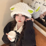 Daiiibabyyy Sheep Ear Lamb Faux Fur Bucket Hat Winter Warm Velvet Hats for Women Lady Thicken Bob Panama Outdoor Fisherman Hats Caps Girls