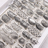 20pcs/Lots Mix Style Vintage Carved Flower Silver Plated Jewelry Rings For Women Size 17mm to 21mm