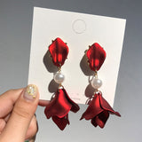 Flatfoosie Flower Long Dangle Drop Earrings for Women Wedding Bridal Party White Red Big Petal Korean Earrings Statement Jewelry daiiibabyyy