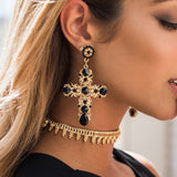 New Arrival Vintage Black Pink Crystal Cross Drop Earrings for Women Baroque Bohemian Large Long Earrings Jewelry Brincos daiiibabyyy