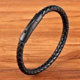 XQNI New Classic Style Men Leather Bracelet Simple Black Stainless Steel Button Neutral Accessories Hand-woven Jewelry Gifts daiiibabyyy