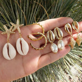 Tocona Elegant Gold Beach Shell Starfish Love Heart Pearl Dangle Earrings for Women Ethnic Jewelry Boho Drop Earring Set daiiibabyyy