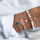 Tocona 5Pcs/ Set Bohemian Bead Pineapple Heart Map Stone Gem Bangles Bracelets Set Women Charm Chain Adjustable Jewelry Gift6855 daiiibabyyy