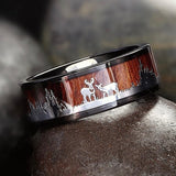 FDLK     Black Tungsten Hunting Ring Wedding Band Wood Inlay Deer Stag Silhouette Ring daiiibabyyy