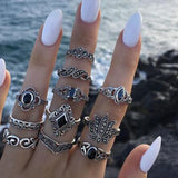 docona 10 Style Black Opal Stone Crown Flower Elephant Crescent Ring Set for Women Metal Knuckle Rings Jewelry Accessories daiiibabyyy