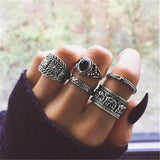 docona 10 Style Black Opal Stone Crown Flower Elephant Crescent Ring Set for Women Metal Knuckle Rings Jewelry Accessories daiiibabyyy