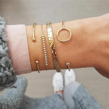 FNIO 4Pcs/Set Geometric Crystal Charm Bracelets for Women Gold Leaf Bangles Bracelets Set Simple Wrist Chain Lady Boho Bracelet daiiibabyyy