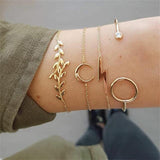 FNIO 4Pcs/Set Geometric Crystal Charm Bracelets for Women Gold Leaf Bangles Bracelets Set Simple Wrist Chain Lady Boho Bracelet daiiibabyyy
