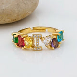 Hot Sale Adjustable A-Z Initial Ring Bohemian Copper Zircon  Rainbow Letter Rings for Women Girls Party Wedding Jewelry Gift daiiibabyyy