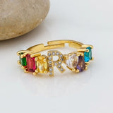 Hot Sale Adjustable A-Z Initial Ring Bohemian Copper Zircon  Rainbow Letter Rings for Women Girls Party Wedding Jewelry Gift daiiibabyyy