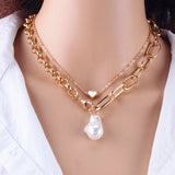 KMVEXO Fashion 2 Layers Pearls Geometric Pendants Necklaces For Women Gold Metal Snake Chain Necklace New Design Jewelry Gift daiiibabyyy