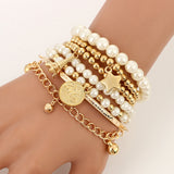 Tocona 6pcs/set Fashion Gold Color Beads Pearl Star Multilayer Beaded Bracelets Set for Women Charm Party Jewelry Gift 5483 daiiibabyyy