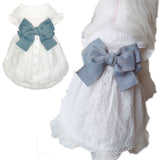Noble White Dog Party Dress For Girls Summer Dress Blue Big Tie Bow Skirt Hollow Pet Clothes Puppy Cat Dresses For Evening Party