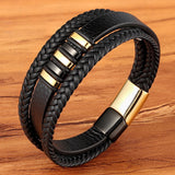 New 3 Layers Black Gold Punk Style Design Genuine Leather Bracelet for Men Steel Magnetic Button Birthday Gift Male Bracelets daiiibabyyy