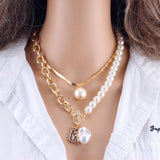 KMVEXO Fashion 2 Layers Pearls Geometric Pendants Necklaces For Women Gold Metal Snake Chain Necklace New Design Jewelry Gift daiiibabyyy