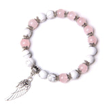 Handmade Silver Color Rose Angel Wing Pendant Bracelet Natural Pink Quartz Crystal Beads Charm Bracelet Women Romantic Jewelry daiiibabyyy