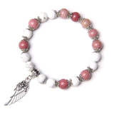 Handmade Silver Color Rose Angel Wing Pendant Bracelet Natural Pink Quartz Crystal Beads Charm Bracelet Women Romantic Jewelry daiiibabyyy
