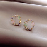 New Arrival Classic Round Pink Green Crystal Stud Earrings Sweet Flower Cirlce Jewelry Fashion Brincos Gift  for women daiiibabyyy
