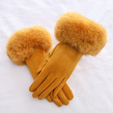 Fashion Women Winter Warm Suede Leather Touch Screen Glove Female Faux Rabit Fur Embroidery Plus velvet thick driving gloves H92 daiiibabyyy