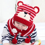Winter baby boy girls warm cartoon bear Knitted hats with hair ball earbud+neck scarf 2 pcs set for 0-2T baby toddler headdress daiiibabyyy